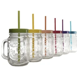 Chope transparente avec couvercle coloré et paille X 6