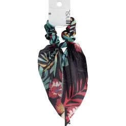 Chouchou foulard noir motif tropical vert et rouge