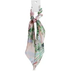 Chouchou foulard rose motif tropical vert et bleu