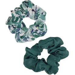 Chouchou motif feuillage toucan et uni vert Ø10cm x2