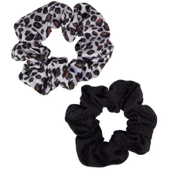 Chouchou motif léopard blanc/marron et uni noir Ø10cm x2