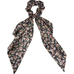 Chouchou ruban long motif fleur noir et rose effet satiné Ø7xL25cm