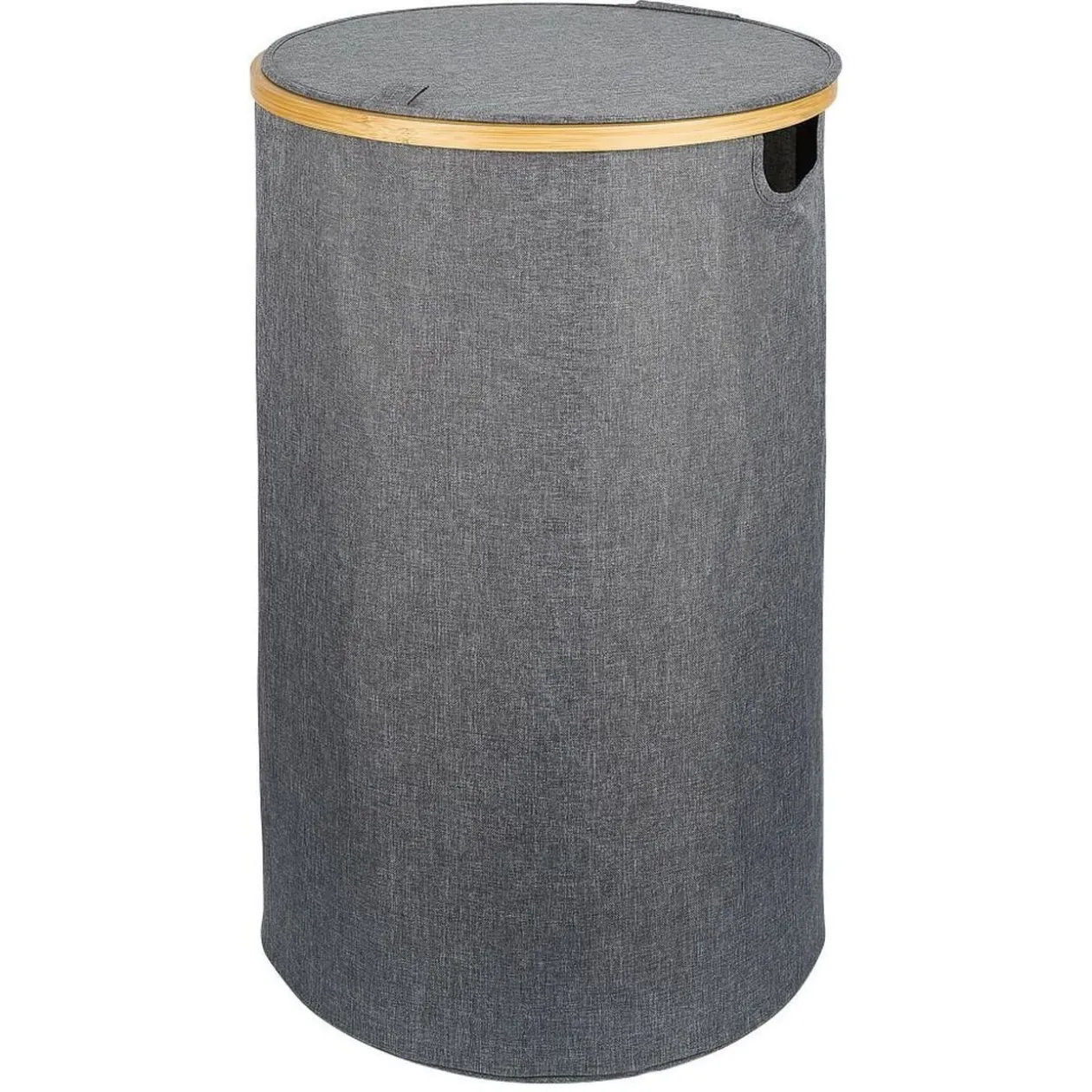 Coffre à linge rond 75L bambou et polyester gris