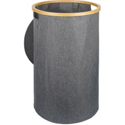 Coffre à linge rond 75L bambou et polyester gris