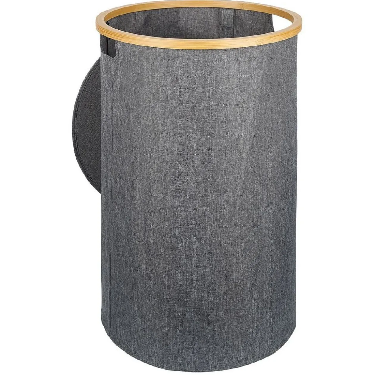 Coffre à linge rond 75L bambou et polyester gris