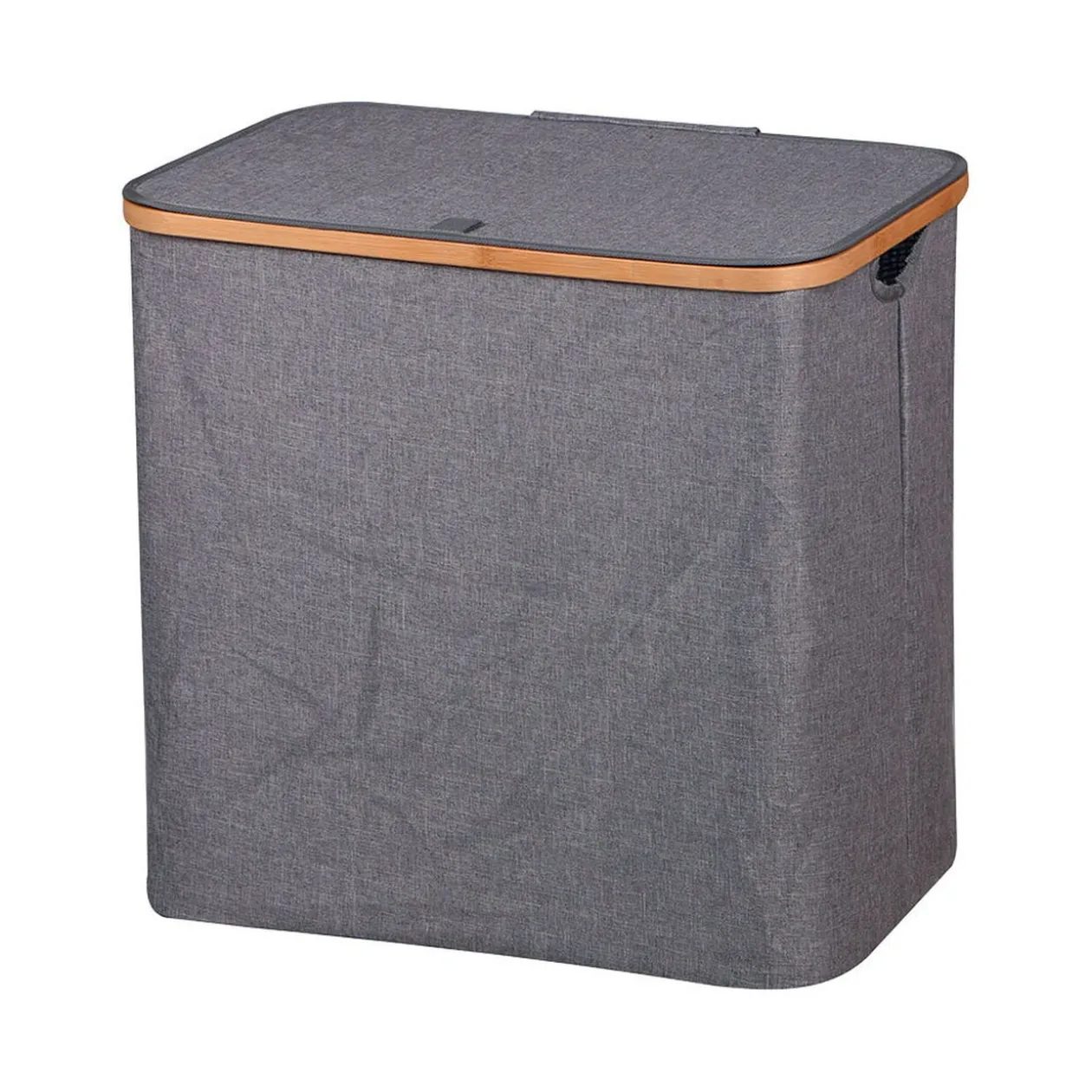 Coffre à linge tissu gris et rebord bambou 73 L
