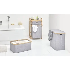 Coffre à linge tissu gris et rebord bambou 73 L