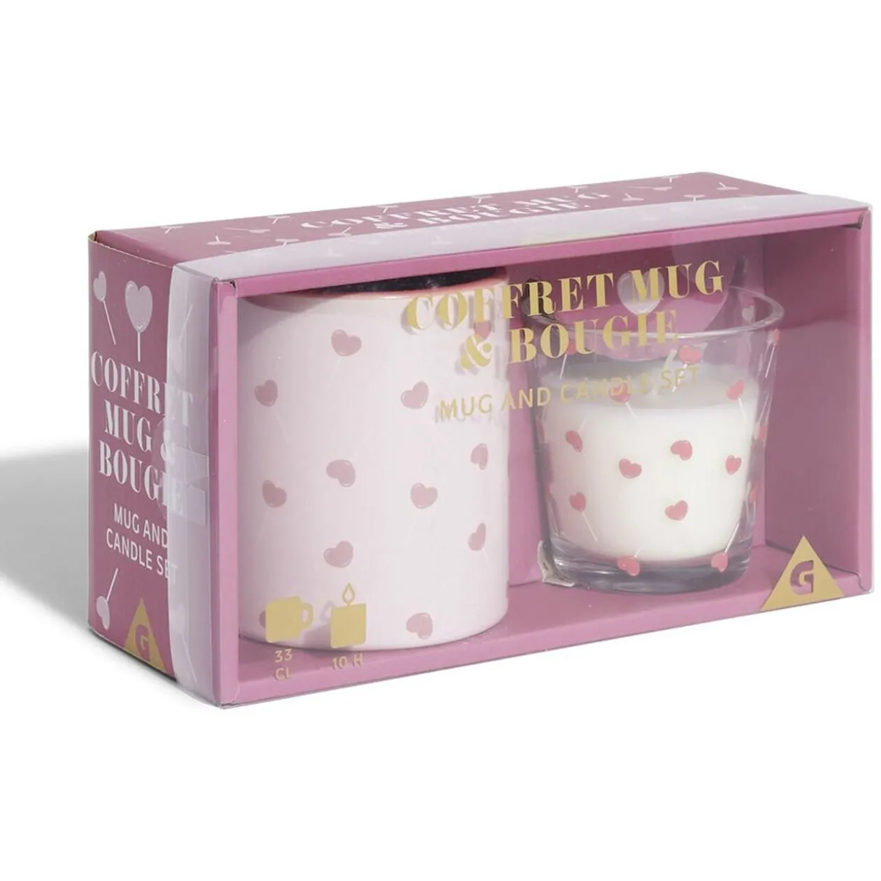 Coffret mug 33cl et bougie motif coeur blanc et rose
