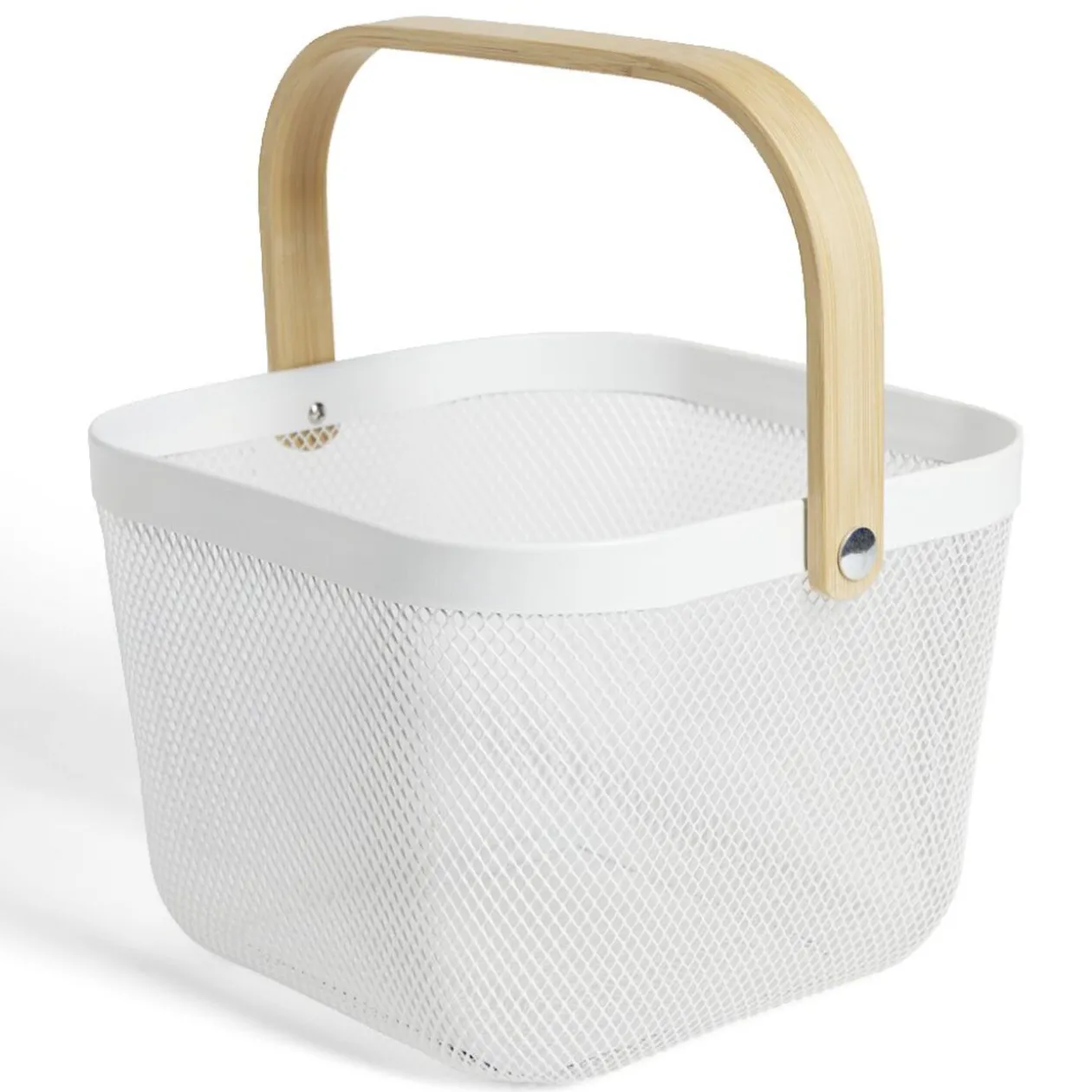 Corbeille à fruit métal mesh blanc et anse bambou