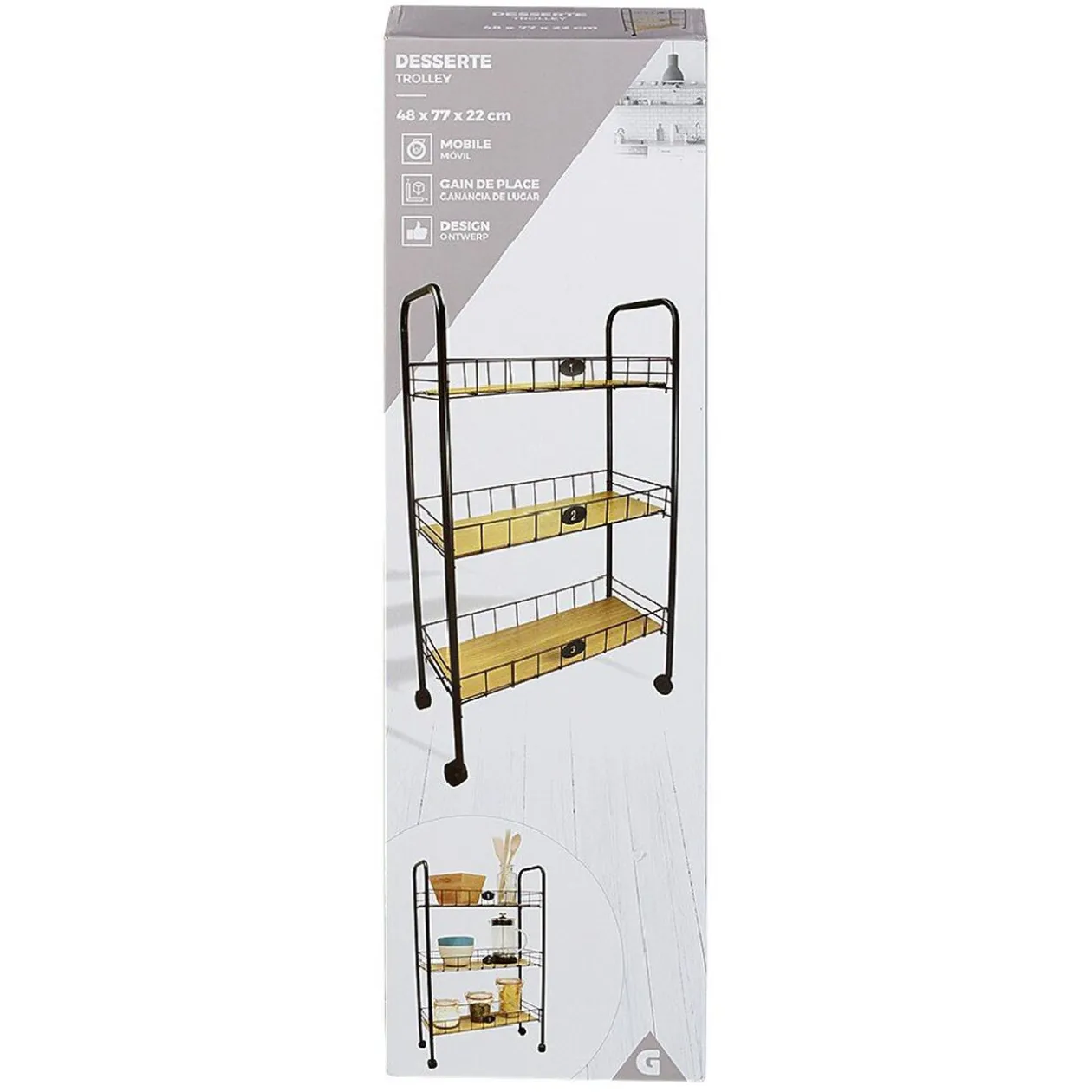 Desserte à roulettes 3 niveaux métal et bois