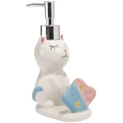 Distributeur à savon forme chat avec porte éponge grès blanc rose bleu