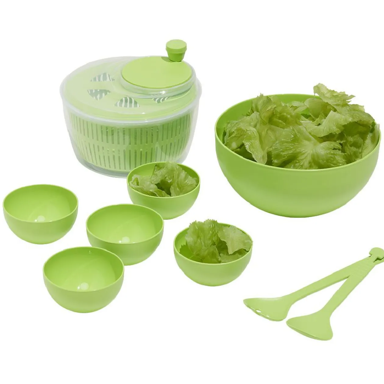Essoreuse à salade avec couverts et saladier plastique vert