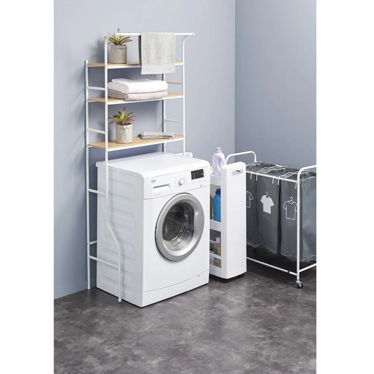 Etagère de rangement buanderie blanche et naturelle