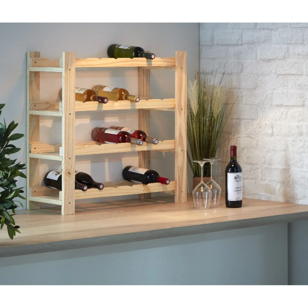 Etagère porte bouteille 4 niveaux en pin naturel