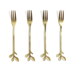 Fourchette à dessert x4 design feuille inox doré L15cm