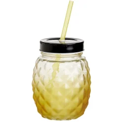 Gobelet en verre forme ananas avec paille et couvercle Ø9,5xH12,5cm