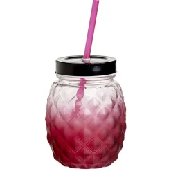 Gobelet en verre forme ananas avec paille et couvercle Ø9,5xH12,5cm