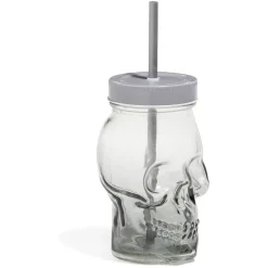 Gobelet en verre forme tête de mort avec paille et couvercle gris
