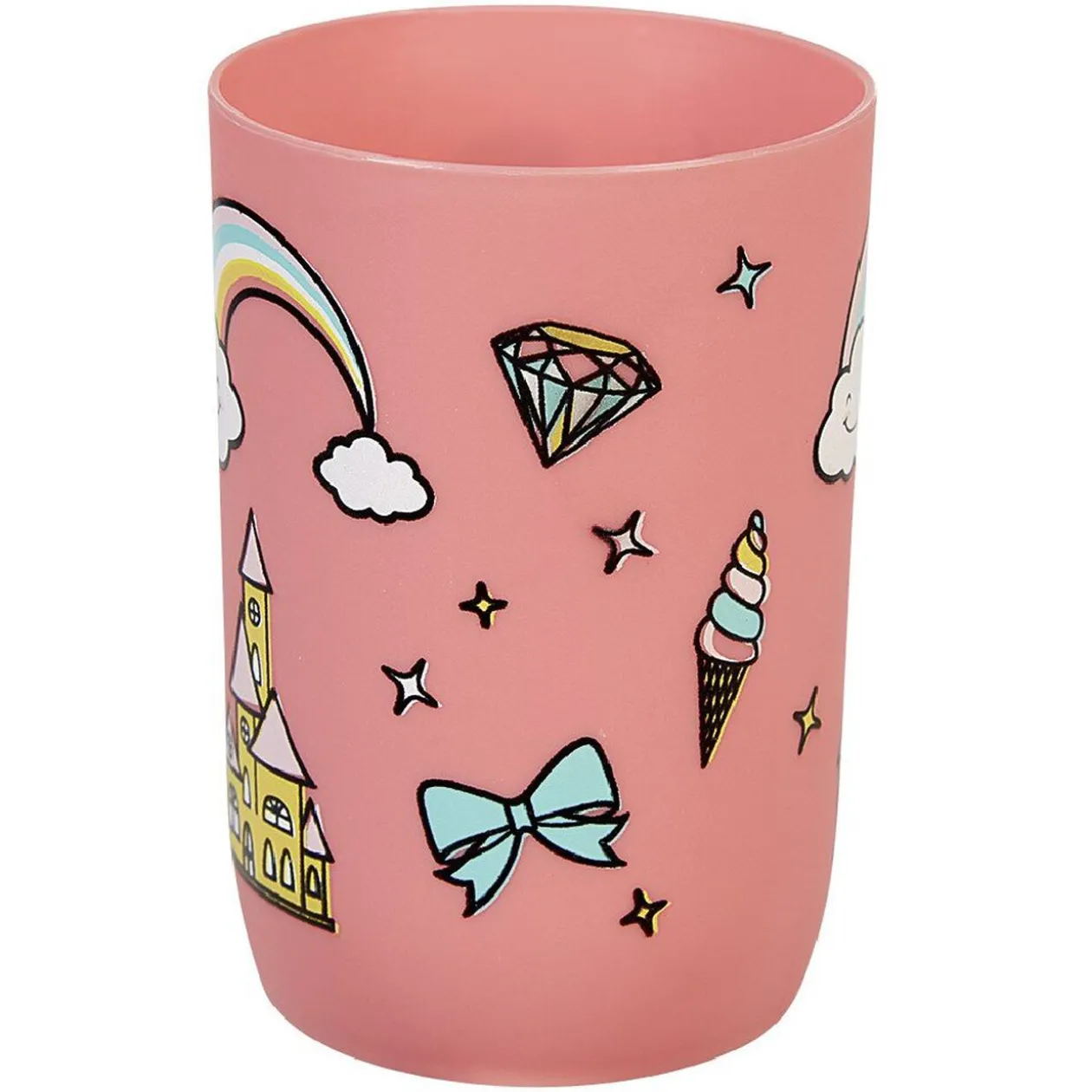 Gobelet salle de bain enfant rose motif château arc-en-ciel
