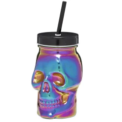 Gobelet verre forme tête de mort couvercle et paille 500 ml