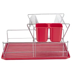 Égouttoir avec plateau et supports couverts rouges 2 niveaux