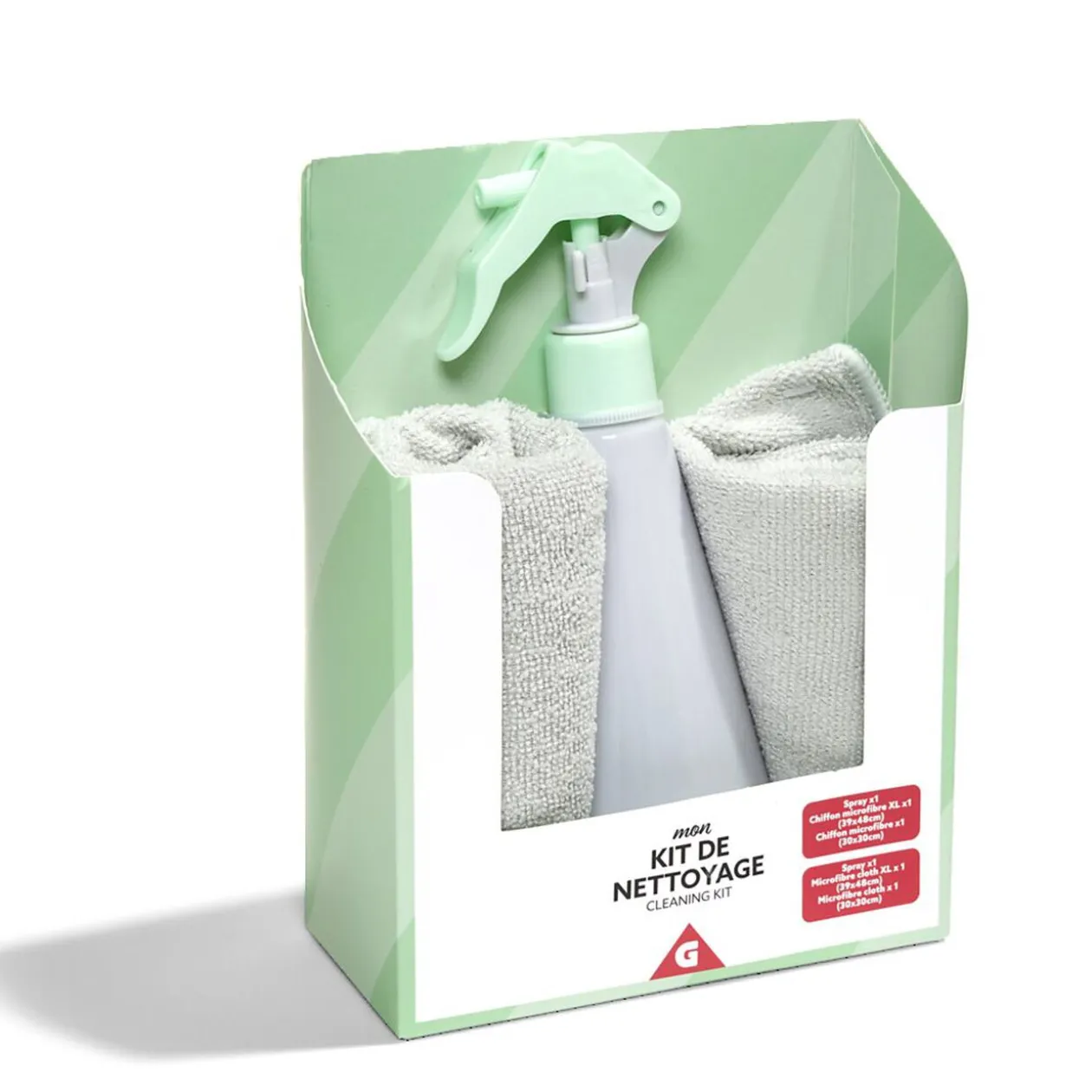 Kit de nettoyage bouteille Ø7xH20cm avec 2 torchons 48x39cm et 30x30cm