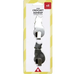 Lot de 2 crochet adhésifs forme chat en métal 3x5cm