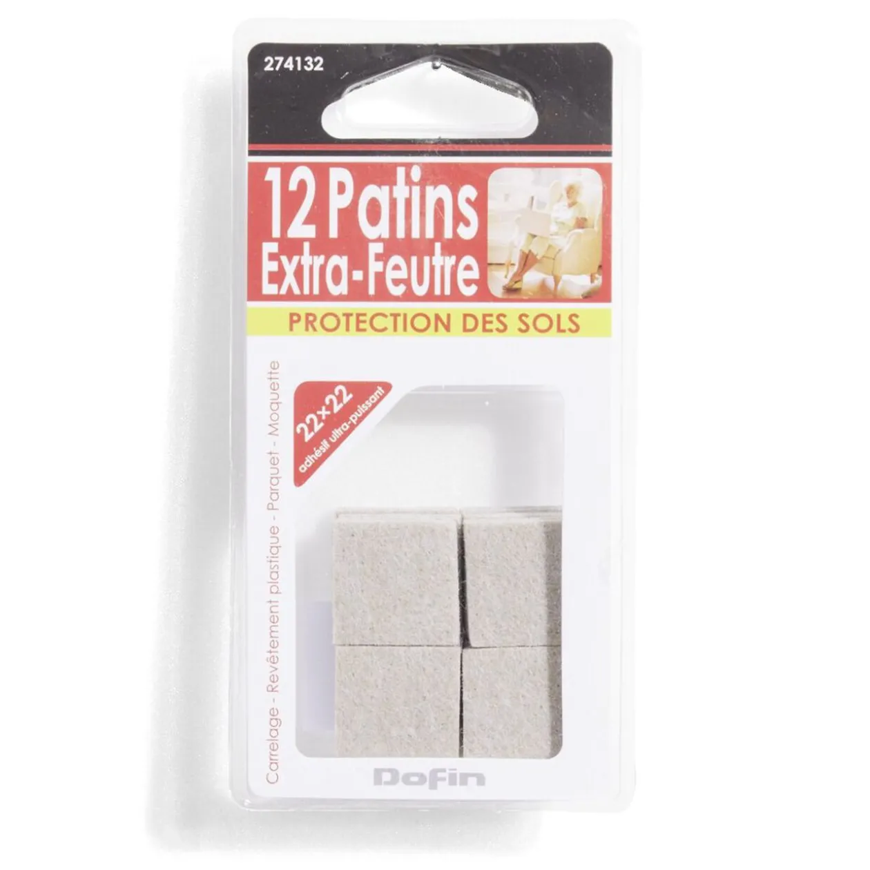 Lot de 12 patins en feutre adhésif ultra puissant - 22x22 mm