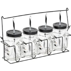 Mason jar "Happy" avec paille x4