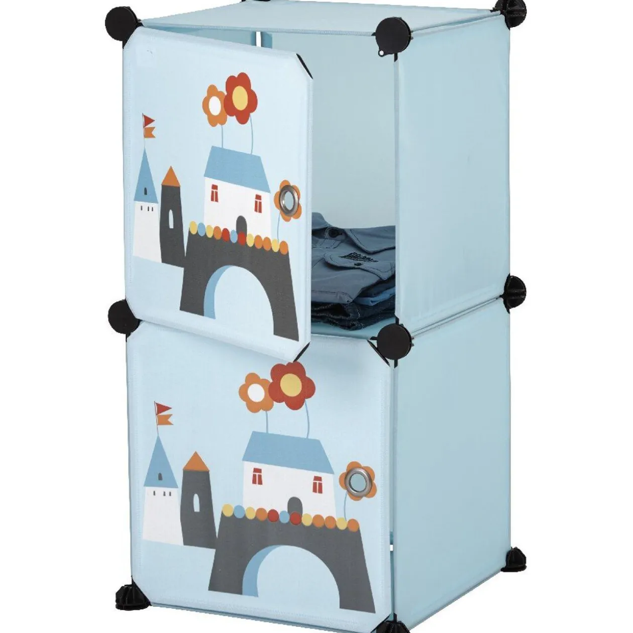 Meuble de rangement bleu motif château pour enfant