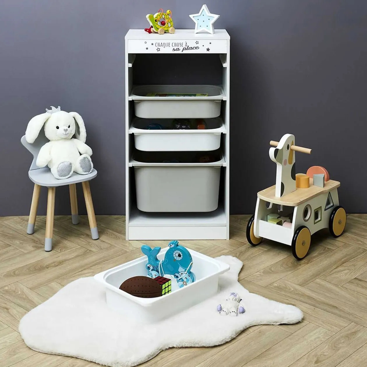 Meuble de rangement enfant Tidy 3 bacs bois gris blanc 45x30xH88,5cm
