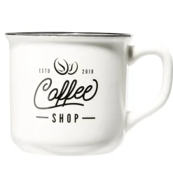 Mug café en porcelaine effet email blanc bord noir Coffee shop 33cl H8,5cm