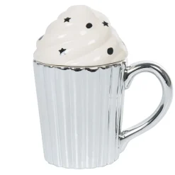 Mug cupcake gris argenté avec couvercle blanc