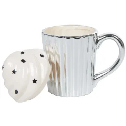 Mug cupcake gris argenté avec couvercle blanc