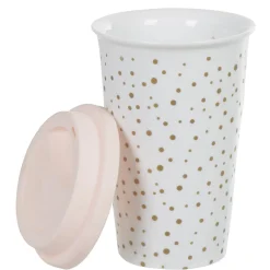 Mug de transport blanc pois doré avec couvercle