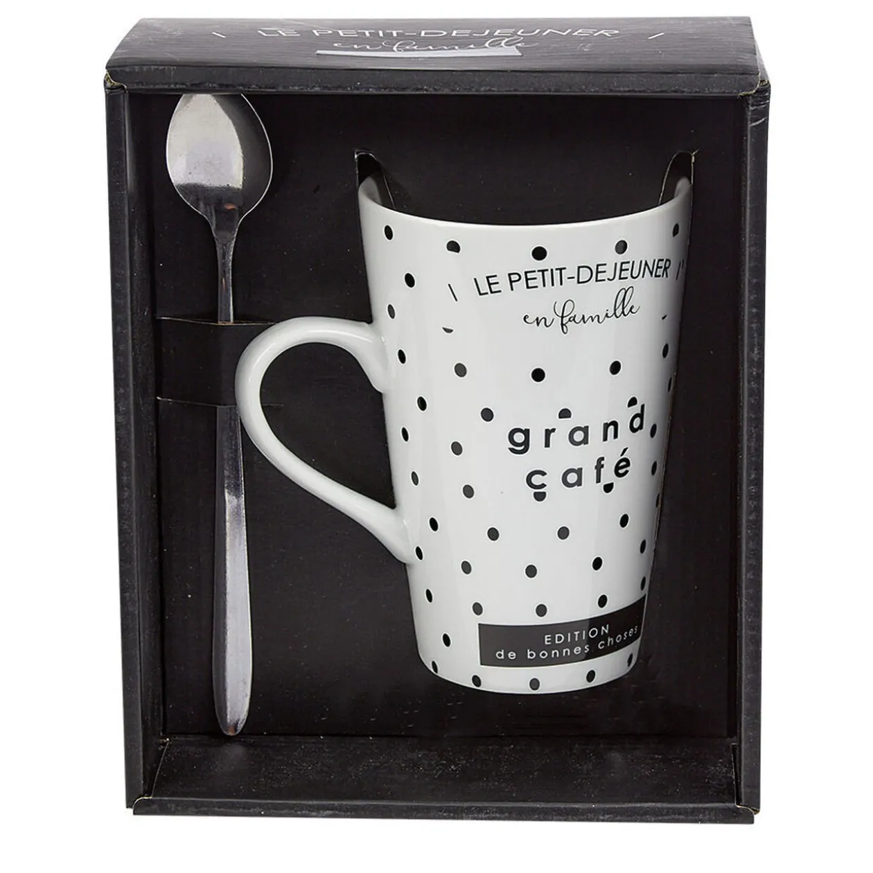 Mug porcelaine avec cuillère inox motif pois noir blanc 45 cl