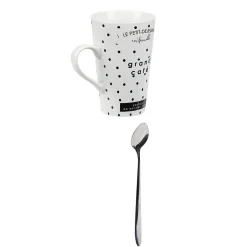 Mug porcelaine avec cuillère inox motif pois noir blanc 45 cl