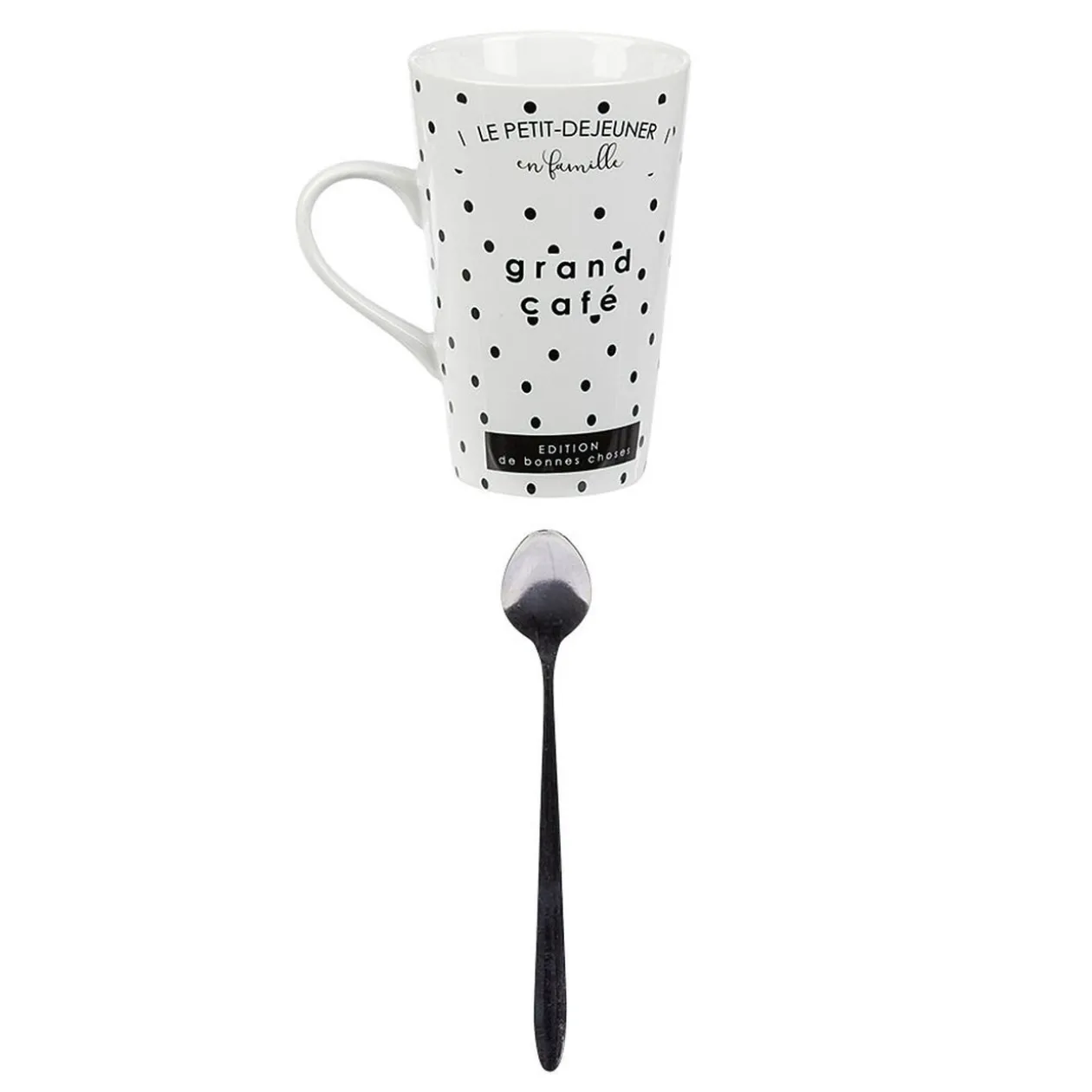 Mug porcelaine avec cuillère inox motif pois noir blanc 45 cl
