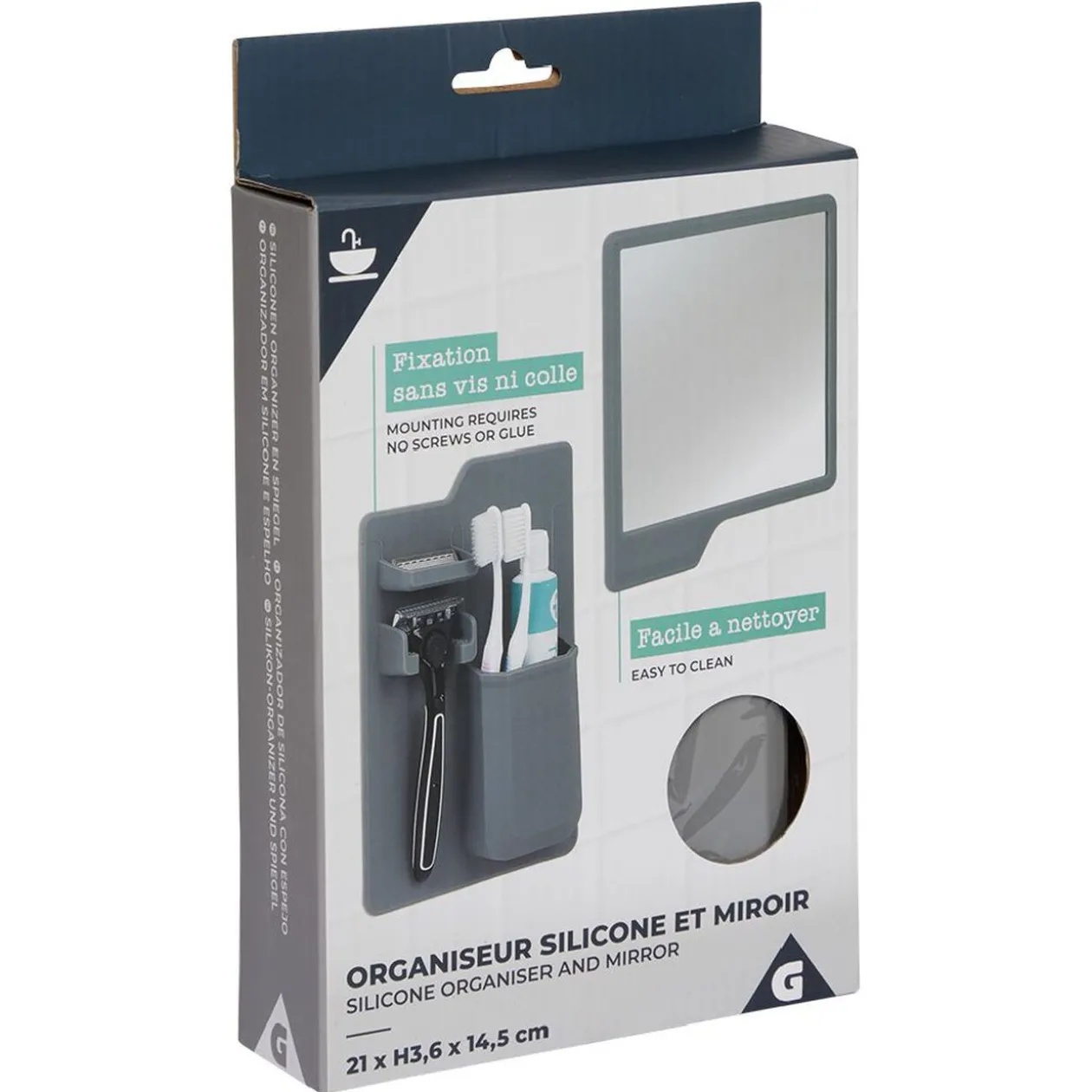 Organiseur pour salle de bain en silicone avec miroir