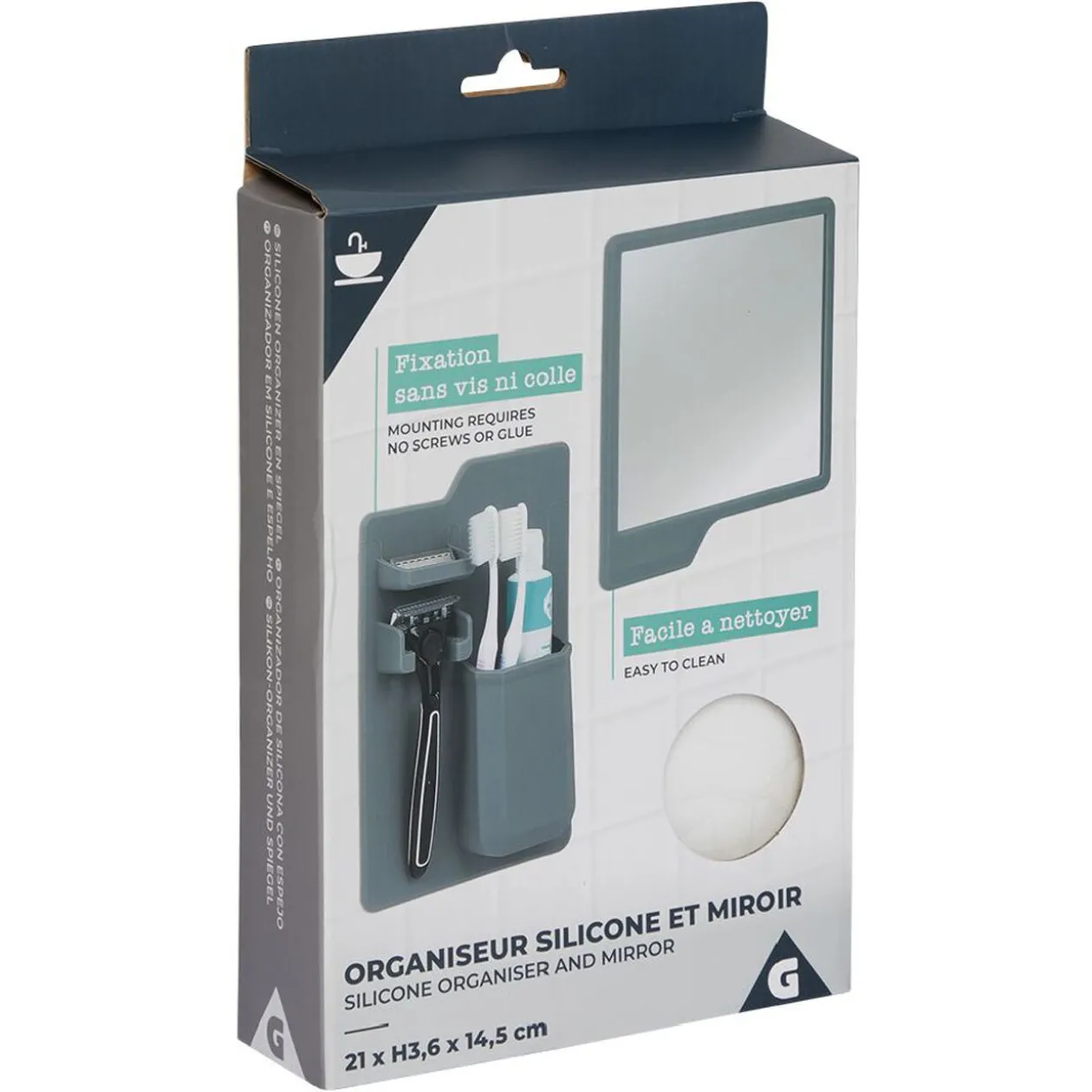 Organiseur pour salle de bain en silicone avec miroir