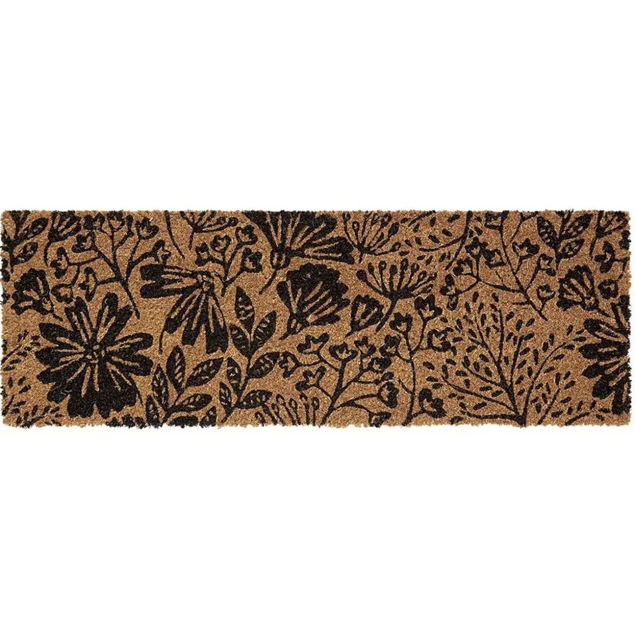 Paillasson coco motif floral noir marron 75x25 cm