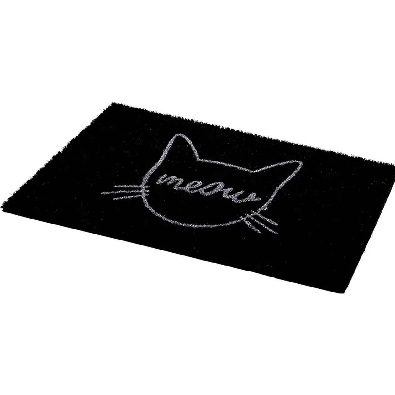 Paillasson coco rectangulaire noir motif tête de chat meow
