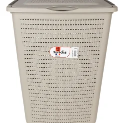 Panier à linge avec poignées et couvercle design rotin taupe 50 L