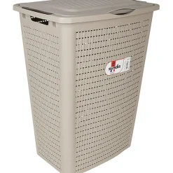 Panier à linge avec poignées et couvercle design rotin taupe 50 L