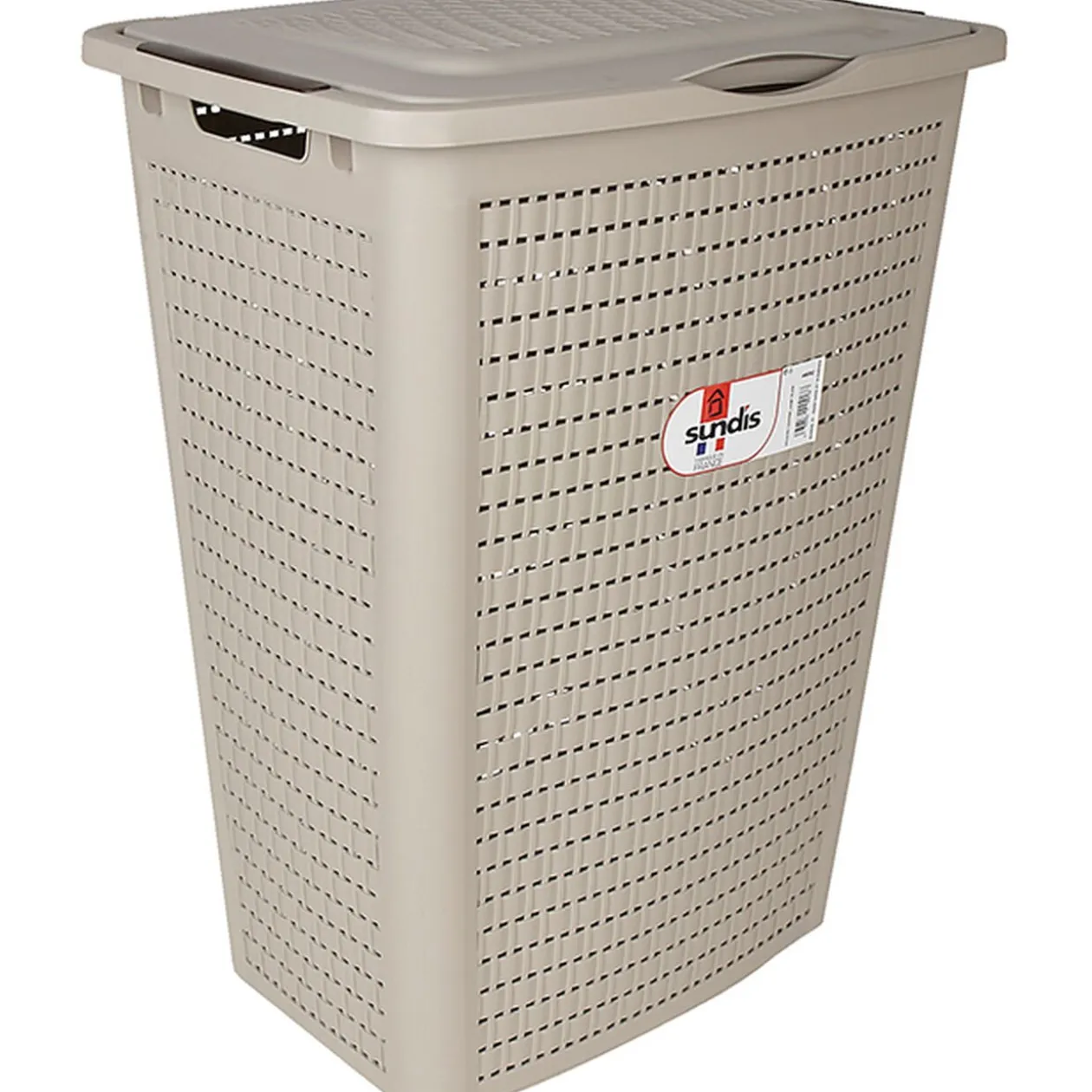 Panier à linge avec poignées et couvercle design rotin taupe 50 L