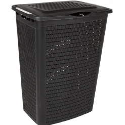Panier à linge avec poignées et couvercle design rotin noir 50 L