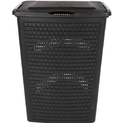 Panier à linge avec poignées et couvercle design rotin noir 50 L