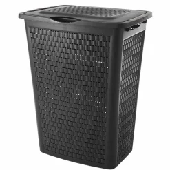 Panier à linge avec poignées et couvercle design rotin noir 50 L