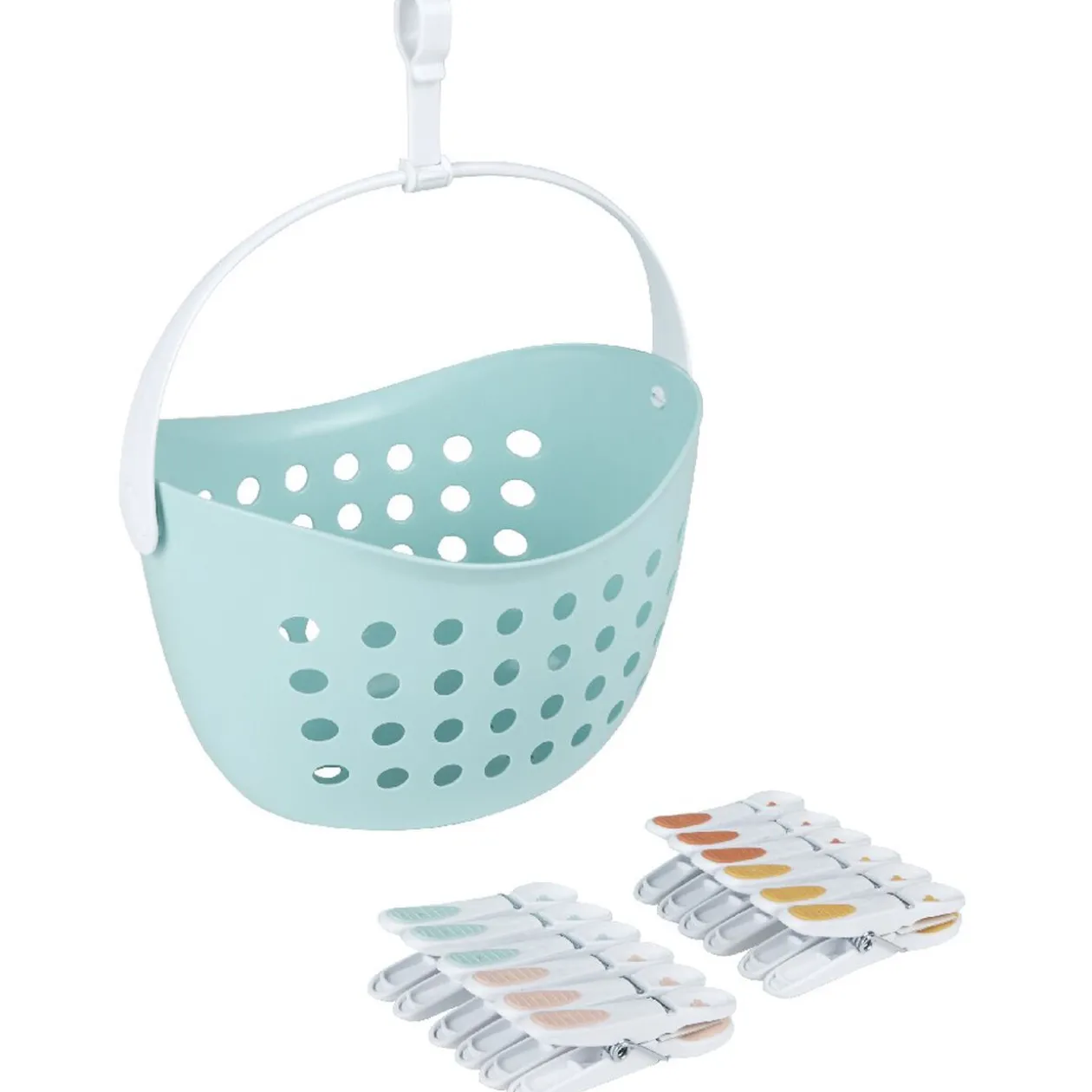 Panier bleu avec 12 pinces à linge bleu