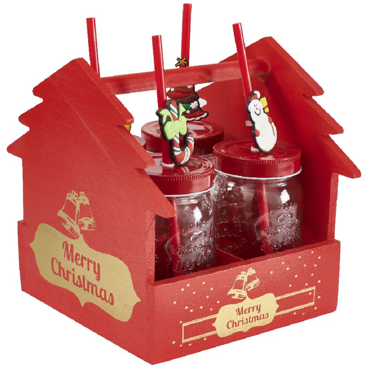 Panier rouge Merry Christmas avec gobelets Noël pailles x4